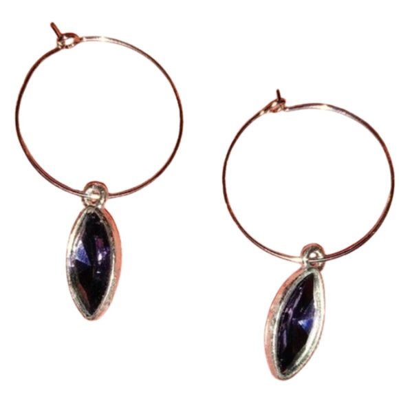 Smoky Purple Marquis Rhinestone Silver Charm Hoop Earrings Crystal Hoops KATTA - Picture 1 of 8